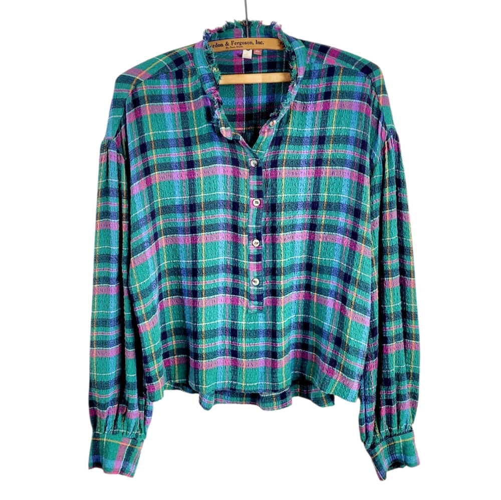 NWOT PILCRO × ANTHROPOLOGIE Plaid Seersucker Cropped Puff Sleeve Shirt Top S - Picture 3 of 10